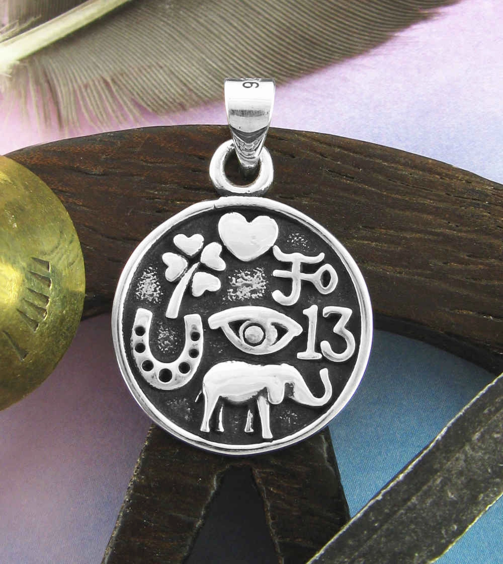 Travel Accent Lucky Symbols Pendant with Horseshoe, Four-Leaf Clover, Elephant, Evil Eye, 13, & Heart, Oxidized