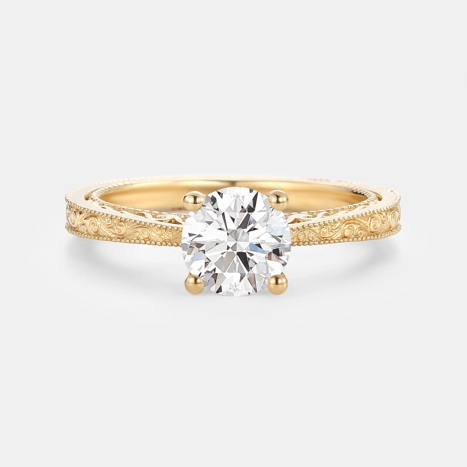 Weekend Glow Round Cut Lab Grown Diamond Engraved Solitaire Engagement Ring - Una