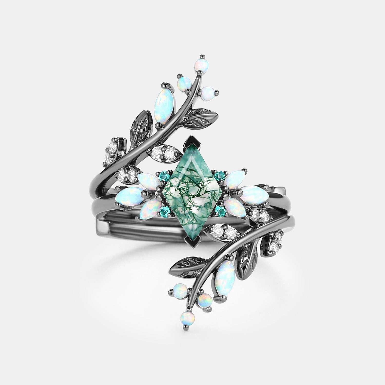 Sleek Radiance Black Gold Moss Agate & Opal & Emerald Cage Leafy Engagement Ring 2pcs - Knight