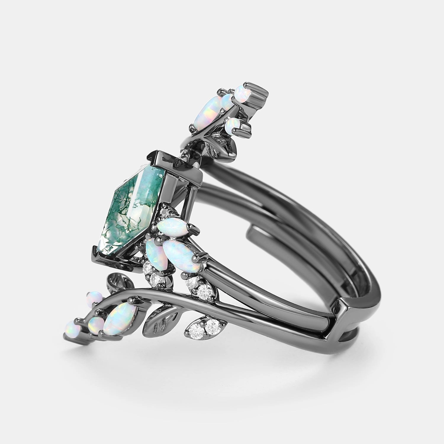 Black Gold Moss Agate & Opal & Emerald Cage Leafy Engagement Ring 2pcs - Knight Soft Detail