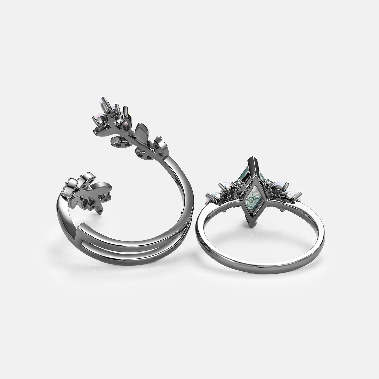 Black Gold Moss Agate & Opal & Emerald Cage Leafy Engagement Ring 2pcs - Knight Elegant Style Artisan Jewelry