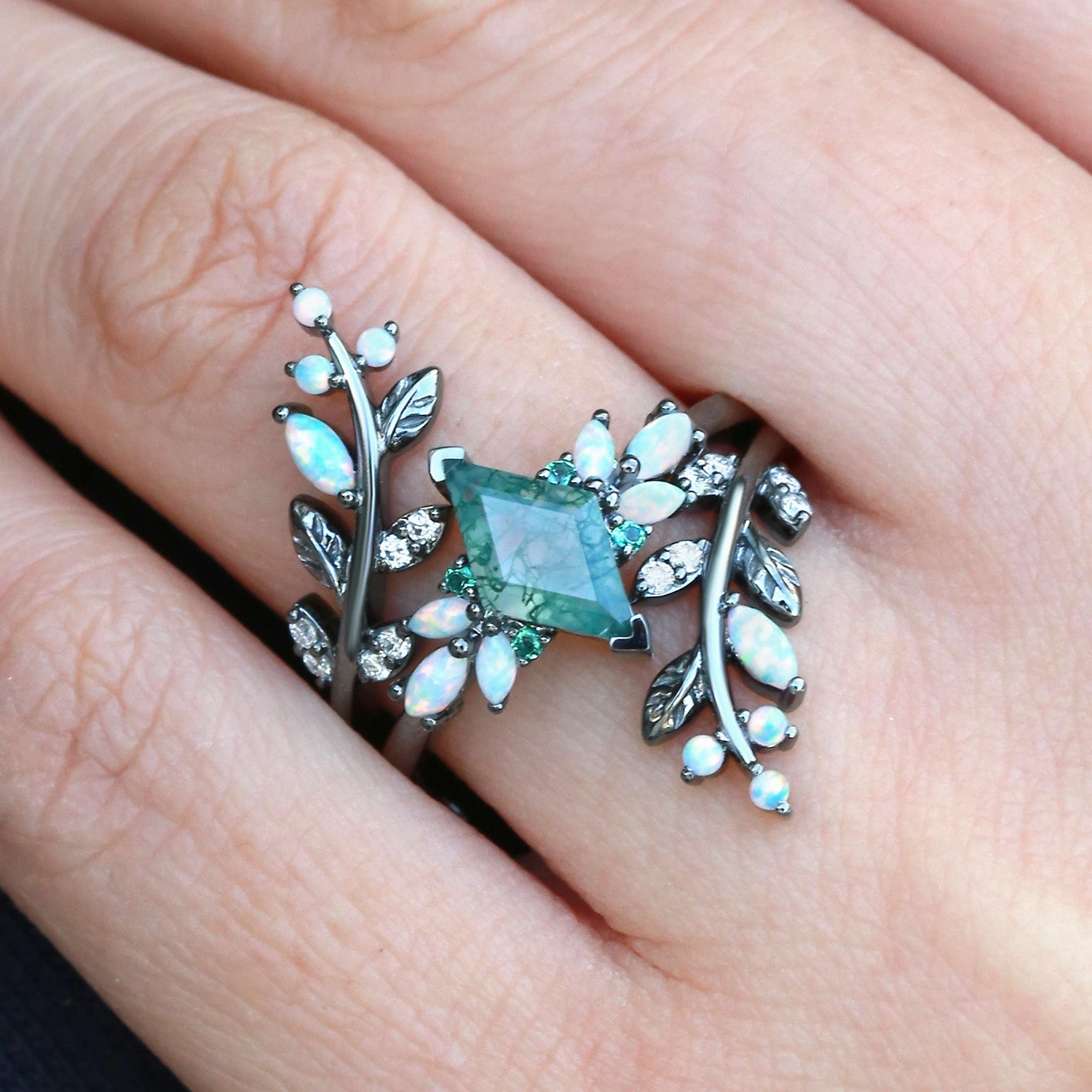 Black Gold Moss Agate & Opal & Emerald Cage Leafy Engagement Ring 2pcs - Knight Shiny Treasures