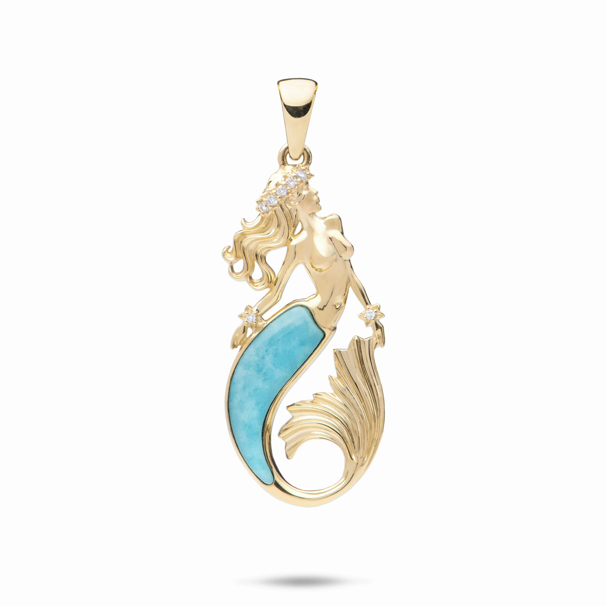 Refined Feature Sealife Mermaid Turquoise Pendant in Gold with Diamonds - 30mm
