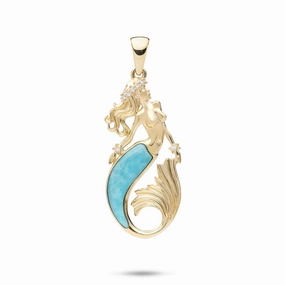 Refined Feature Sealife Mermaid Turquoise Pendant in Gold with Diamonds - 30mm