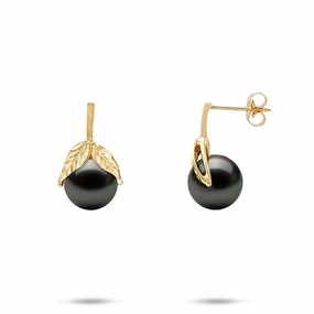 Stylish Accent Maile Tahitian Black Pearl Earrings in Gold - 9-10mm