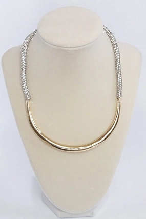 Pleasing Accessory Crescent bar and Paved rope Statement Necklace Gold tone and clear crystals