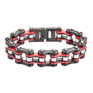Tri-Color Black Red Silver 3/4" Wide Double Link DesignUnisex Stainless Steel Motorcycle Chain Bracelet