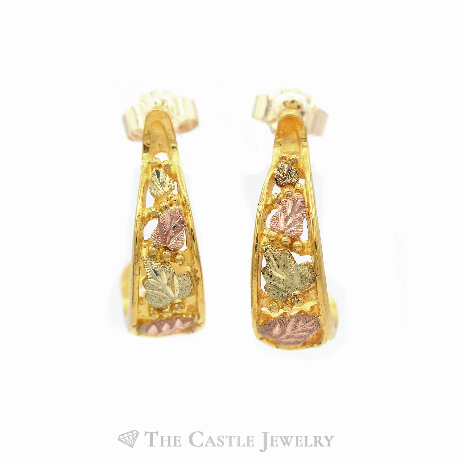 Creative Jewelry Tri Tone Gold Open Leaf Design Half Hoop Earrings in 10k Yellow, White and Rose Gold