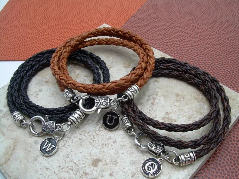 Triple Wrap Braided Leather Bracelet with Initial Letter Charm