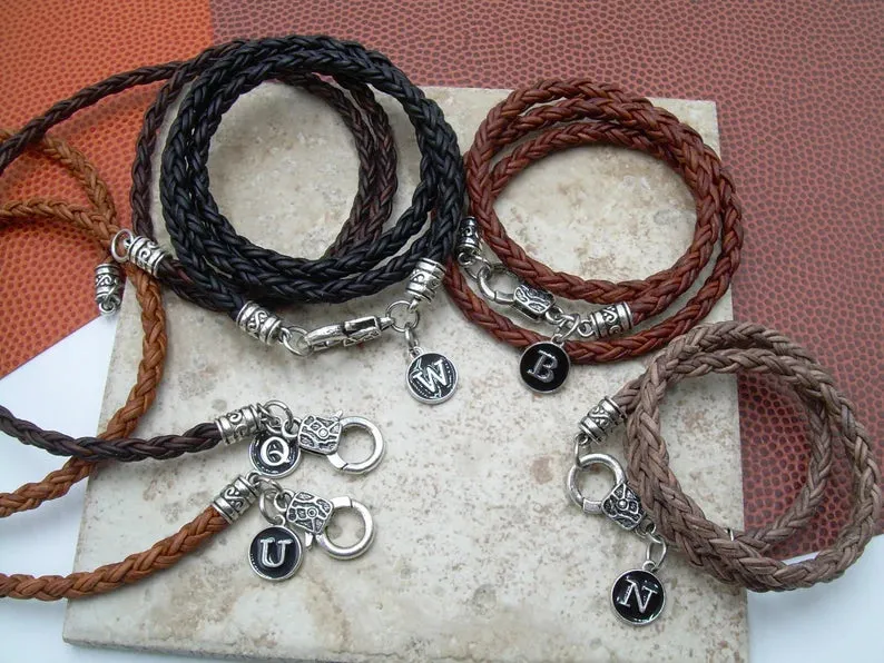 Triple Wrap Braided Leather Bracelet with Initial Letter Charm