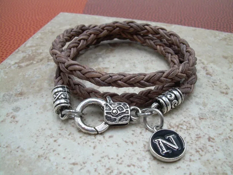 Triple Wrap Braided Leather Bracelet with Initial Letter Charm