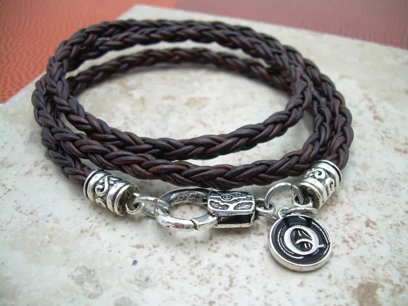 Triple Wrap Braided Leather Bracelet with Initial Letter Charm