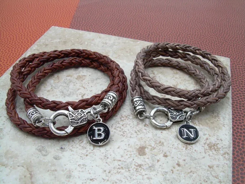 Triple Wrap Braided Leather Bracelet with Initial Letter Charm