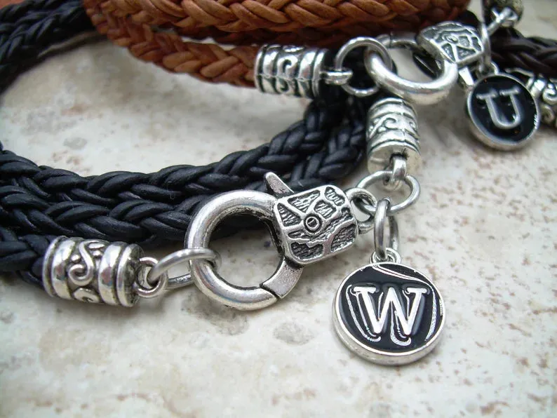 Triple Wrap Braided Leather Bracelet with Initial Letter Charm