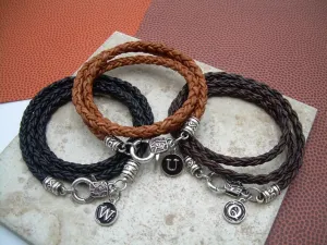 Triple Wrap Braided Leather Bracelet with Initial Letter Charm
