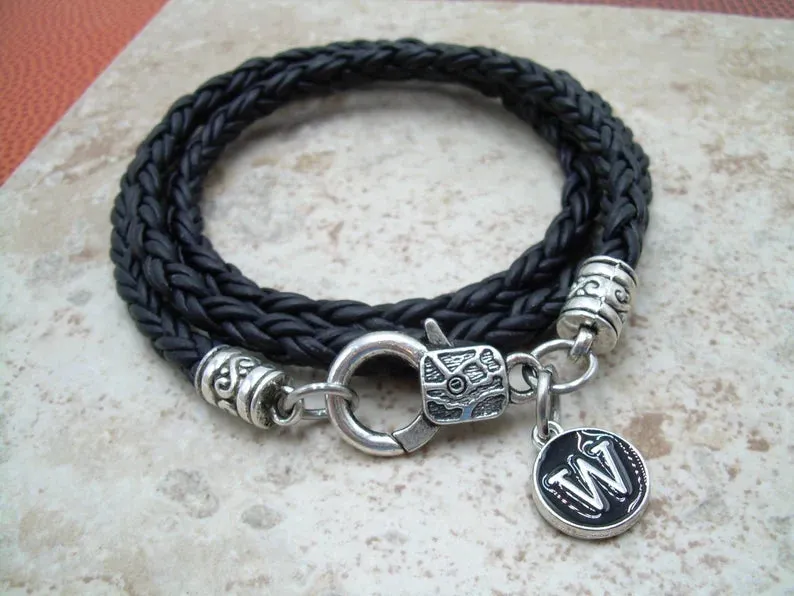 Triple Wrap Braided Leather Bracelet with Initial Letter Charm