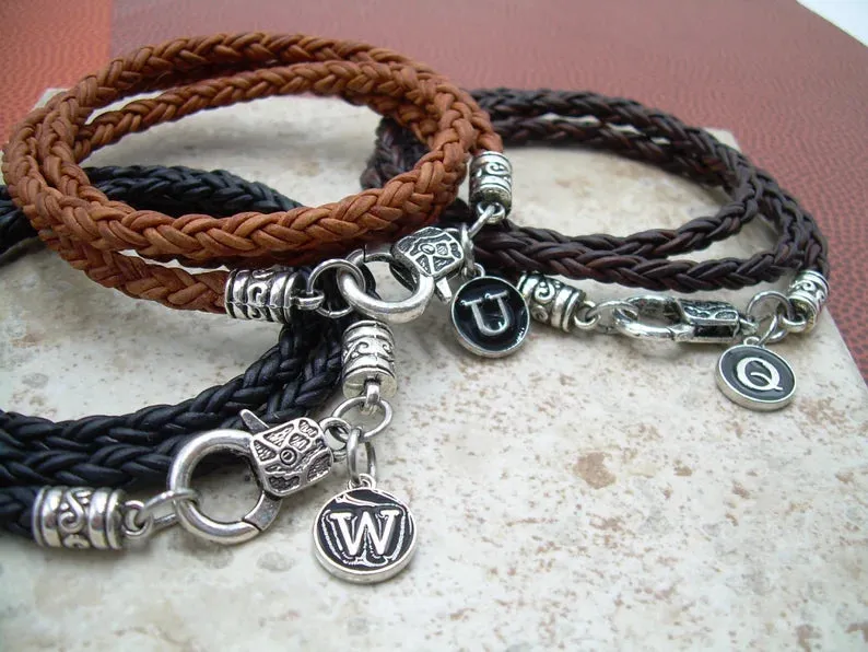 Triple Wrap Braided Leather Bracelet with Initial Letter Charm