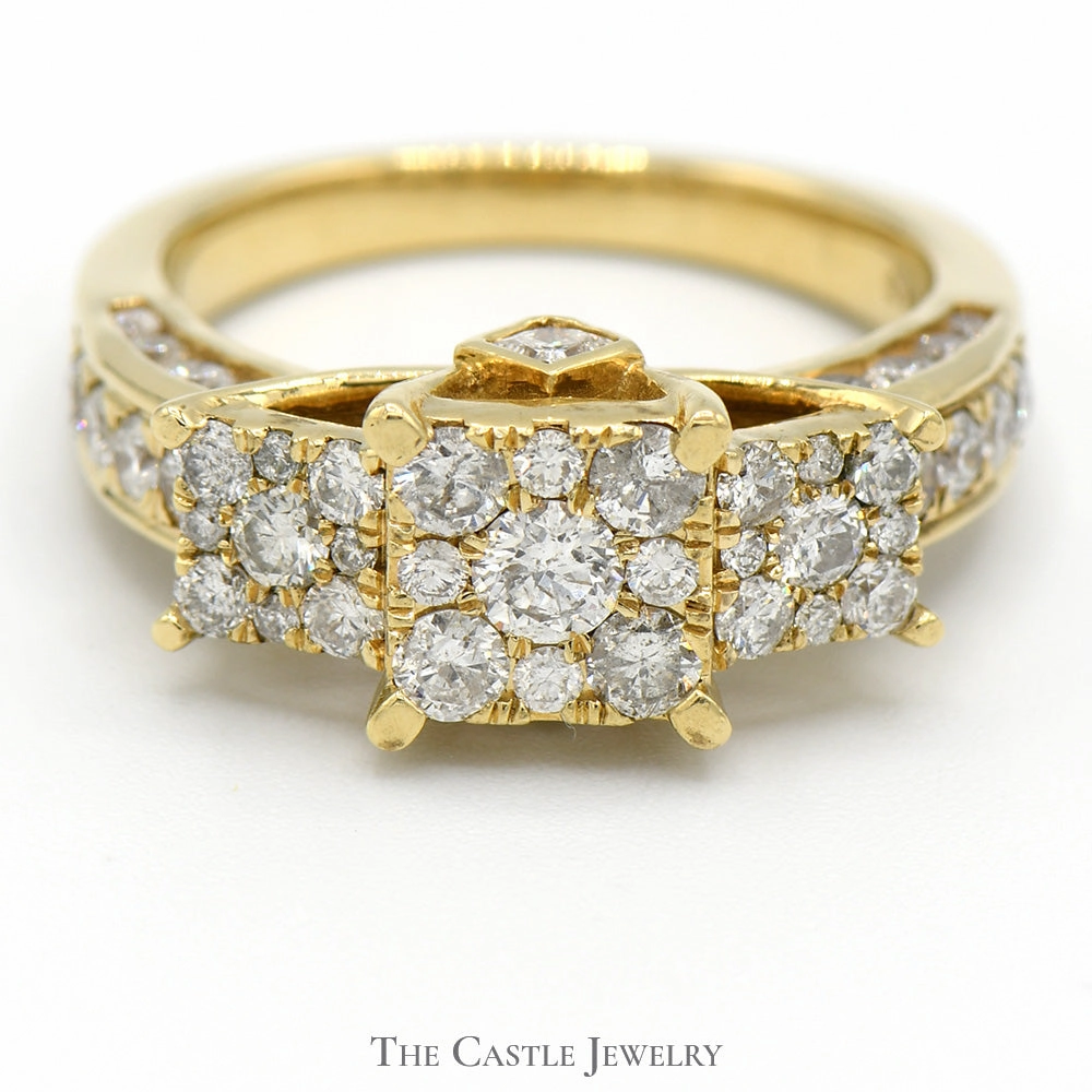 Petite Touch Triple Diamond Cluster Engagement Ring with Diamond Accents in 10k Yellow Gold