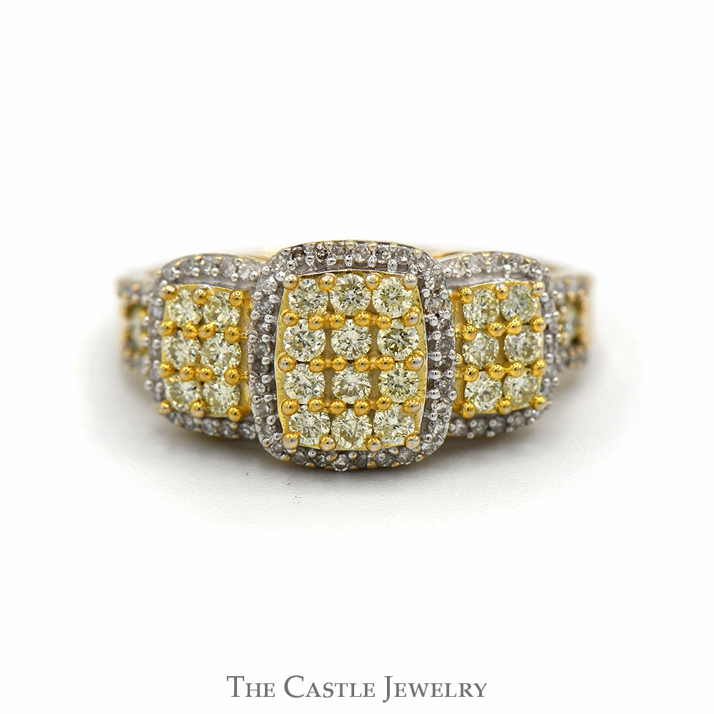 Stylish charm Superior Craft Triple Fancy Light Yellow Diamond Cluster Ring with Diamond Halo and Accented Sides in 14k Yellow Gold