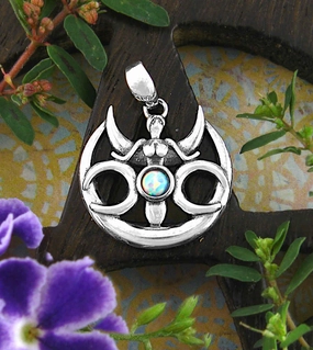 Stylish Outfit Triple Moon Goddess Pendant with Lab Opal and Crescents