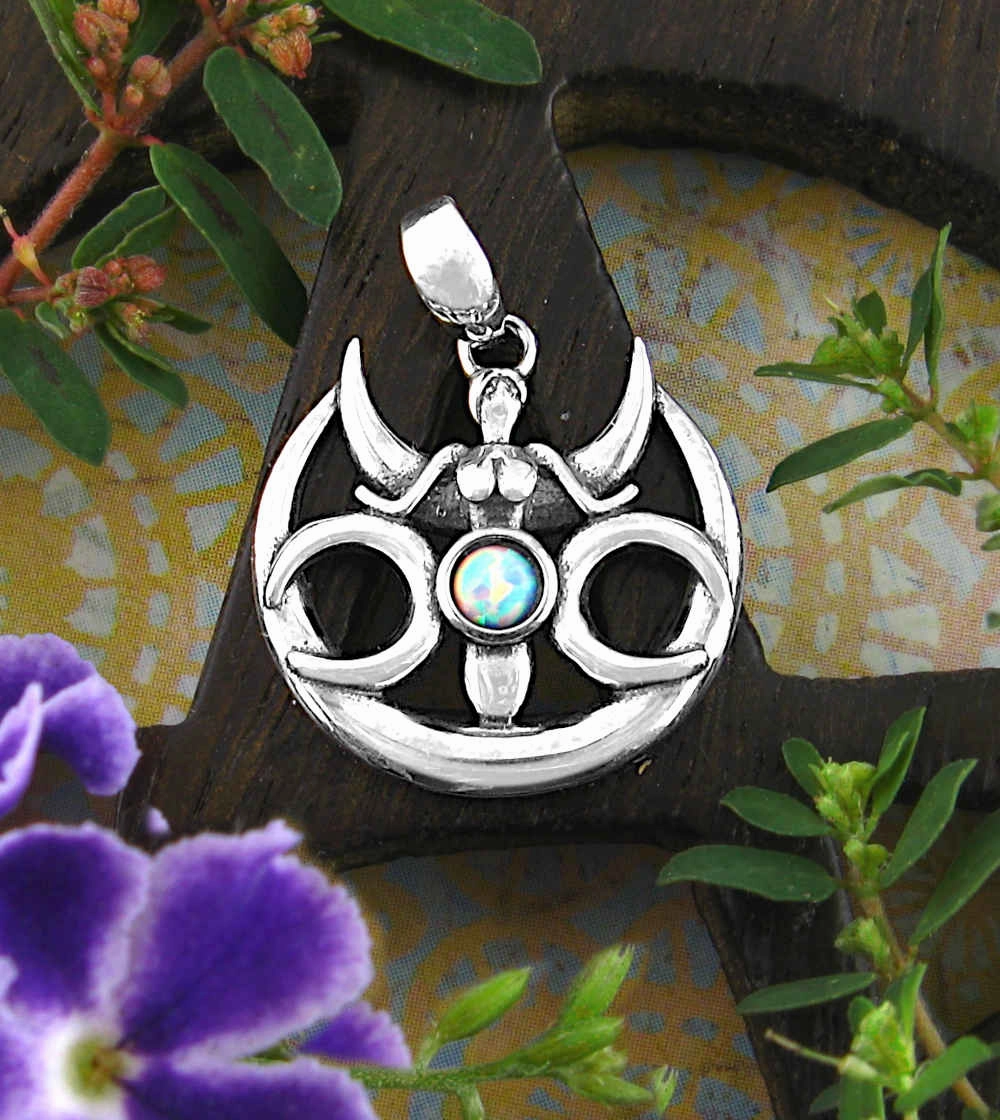 Stylish Outfit Triple Moon Goddess Pendant with Lab Opal and Crescents
