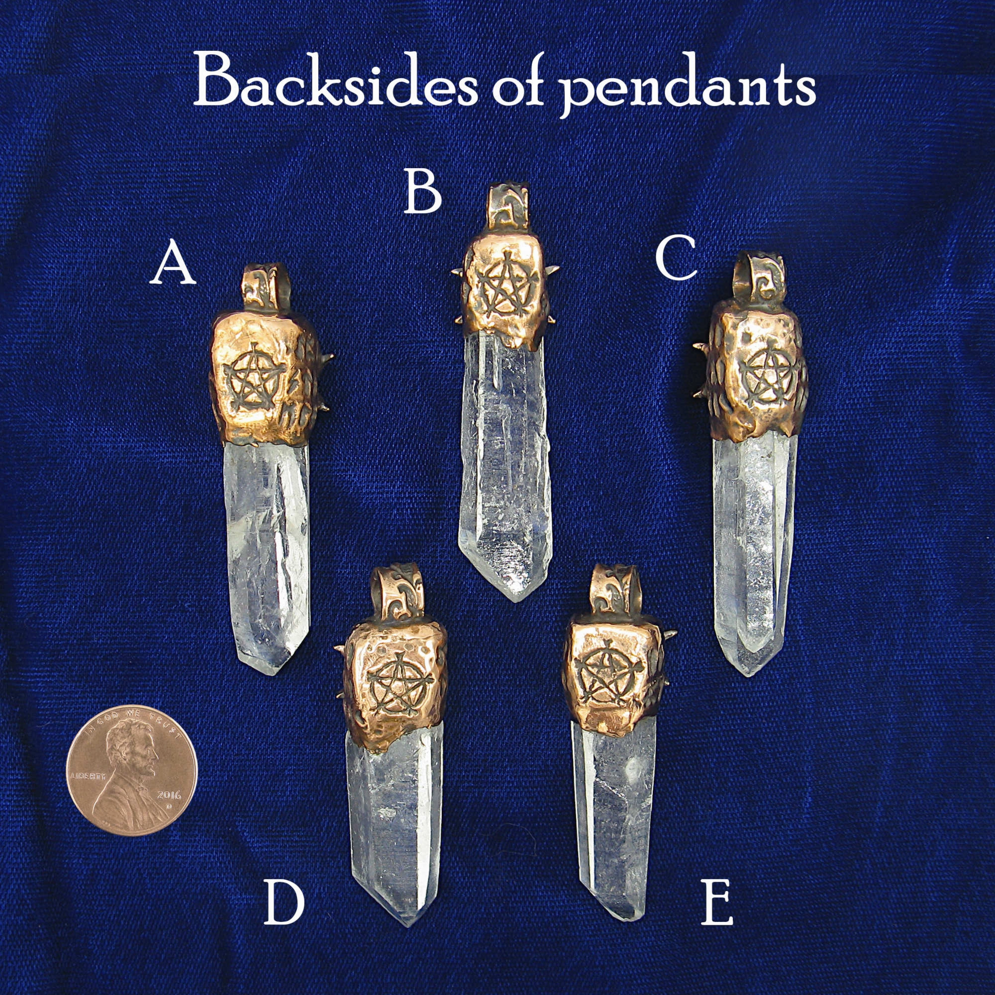 Minimal Touch Triple Moon Runes Copper Capped Raw Clear Quartz Crystal Pendant Necklace w/ Moonstone & Pentagram, Handmade