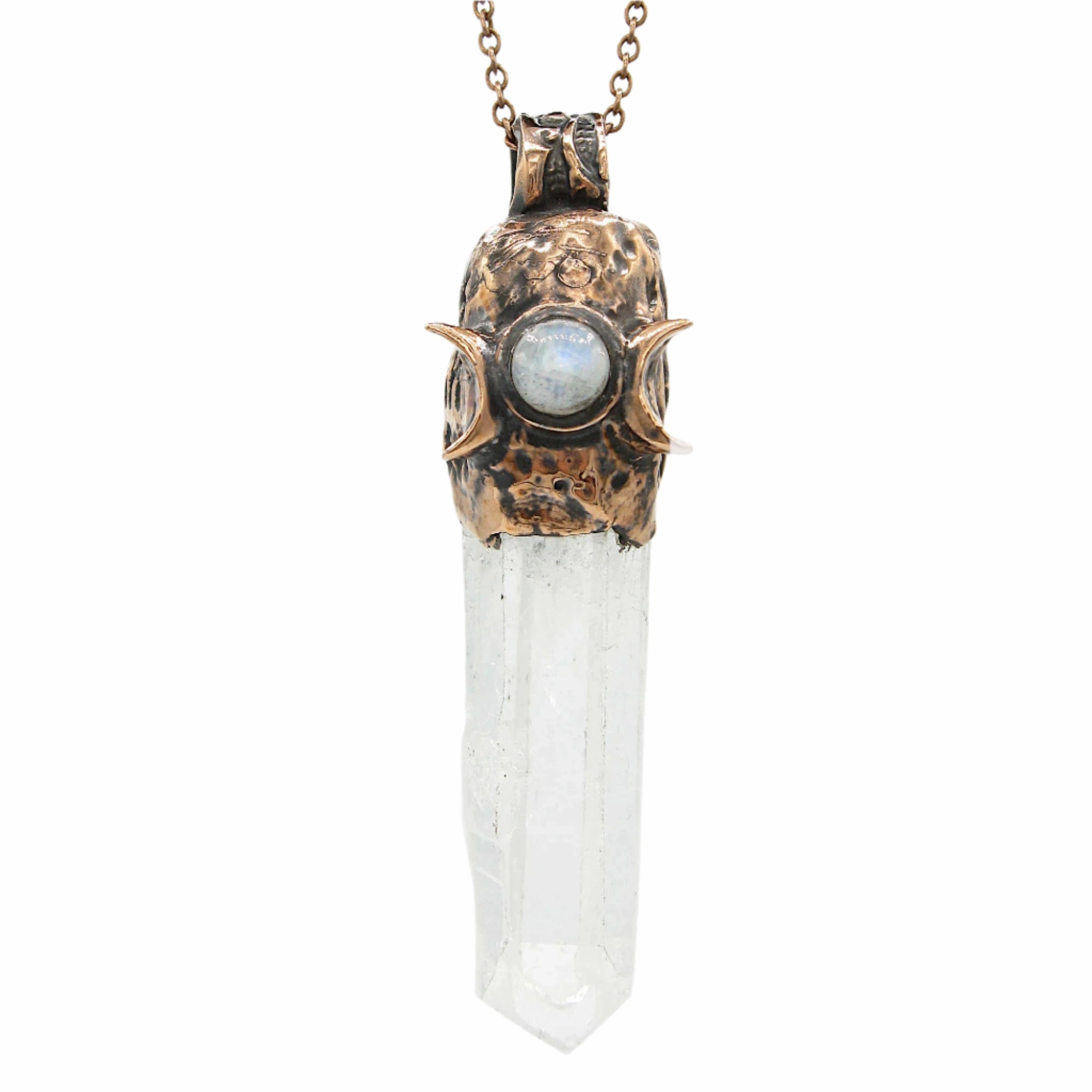 Classic Present Artisan Style Triple Moon Runes Copper Capped Raw Clear Quartz Crystal Pendant Necklace w/ Moonstone & Pentagram, Handmade
