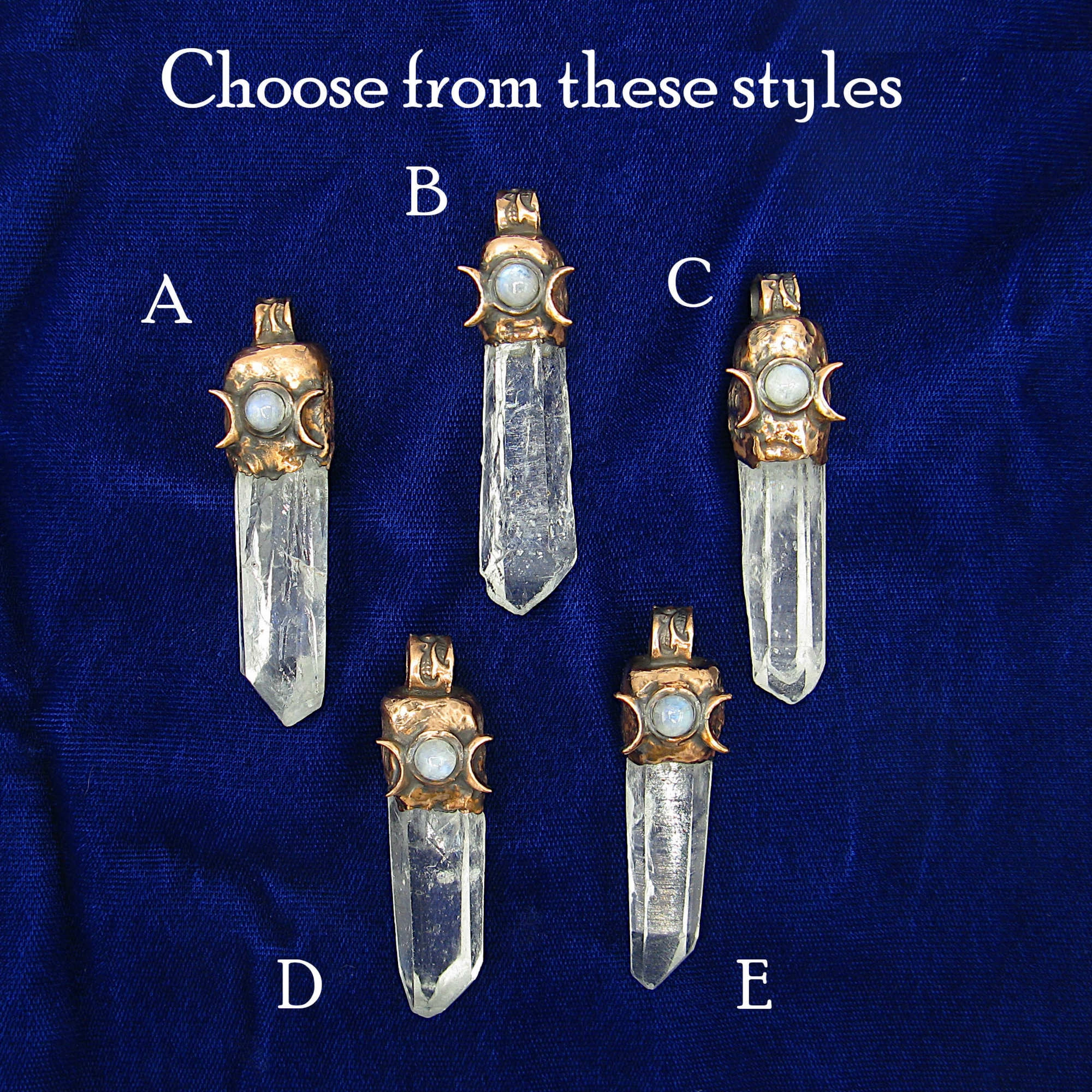 Art Lover Perfect Gift Triple Moon Runes Copper Capped Raw Clear Quartz Crystal Pendant Necklace w/ Moonstone & Pentagram, Handmade