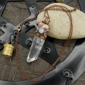 Attractive Adornment Triple Moon Runes Copper Capped Raw Clear Quartz Crystal Pendant Necklace w/ Moonstone & Pentagram, Handmade