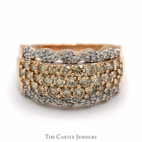 Simple Trinket Triple Row Champagne Diamond Cluster Band with Twisted Diamond Accents in 10k Rose Gold