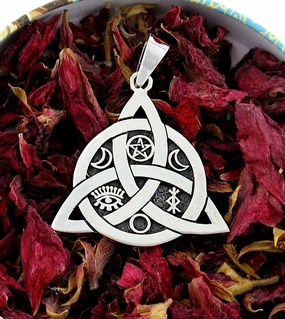 For Groom Triquetra Pendant With Interwoven Circle, Pentagram, Moons, Eye, & Protection Bind Rune
