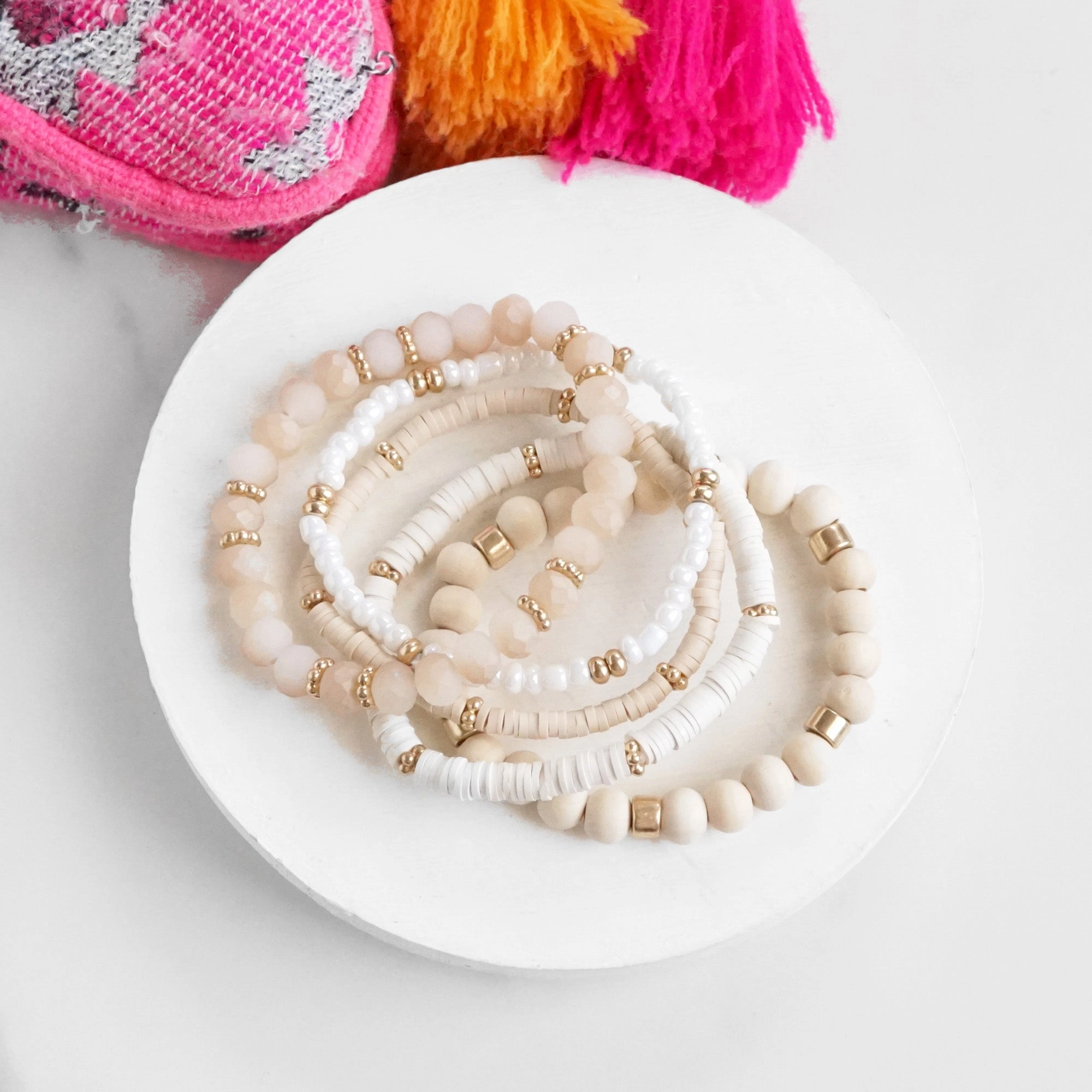 Name Recognition Divine Blends Summer Fresh Neutrals stack clay glass wood beads bracelets set