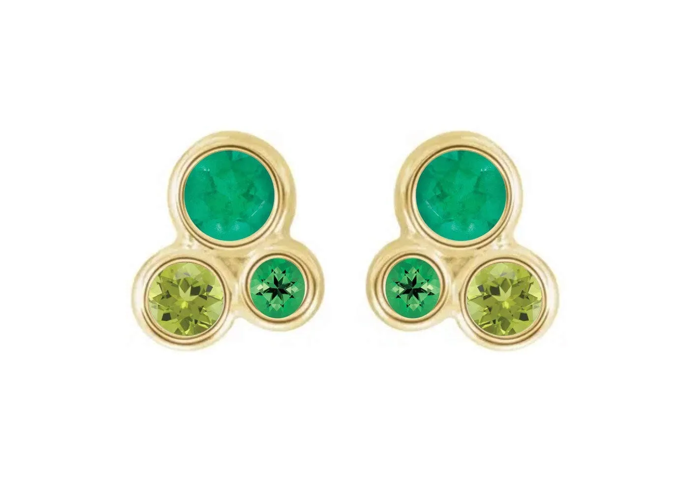 Tsavorite Garnet Emerald & Peridot Birthstone Cluster Earrings, 14k Gold Stud Earrings, Minimalist Earrings, for Women