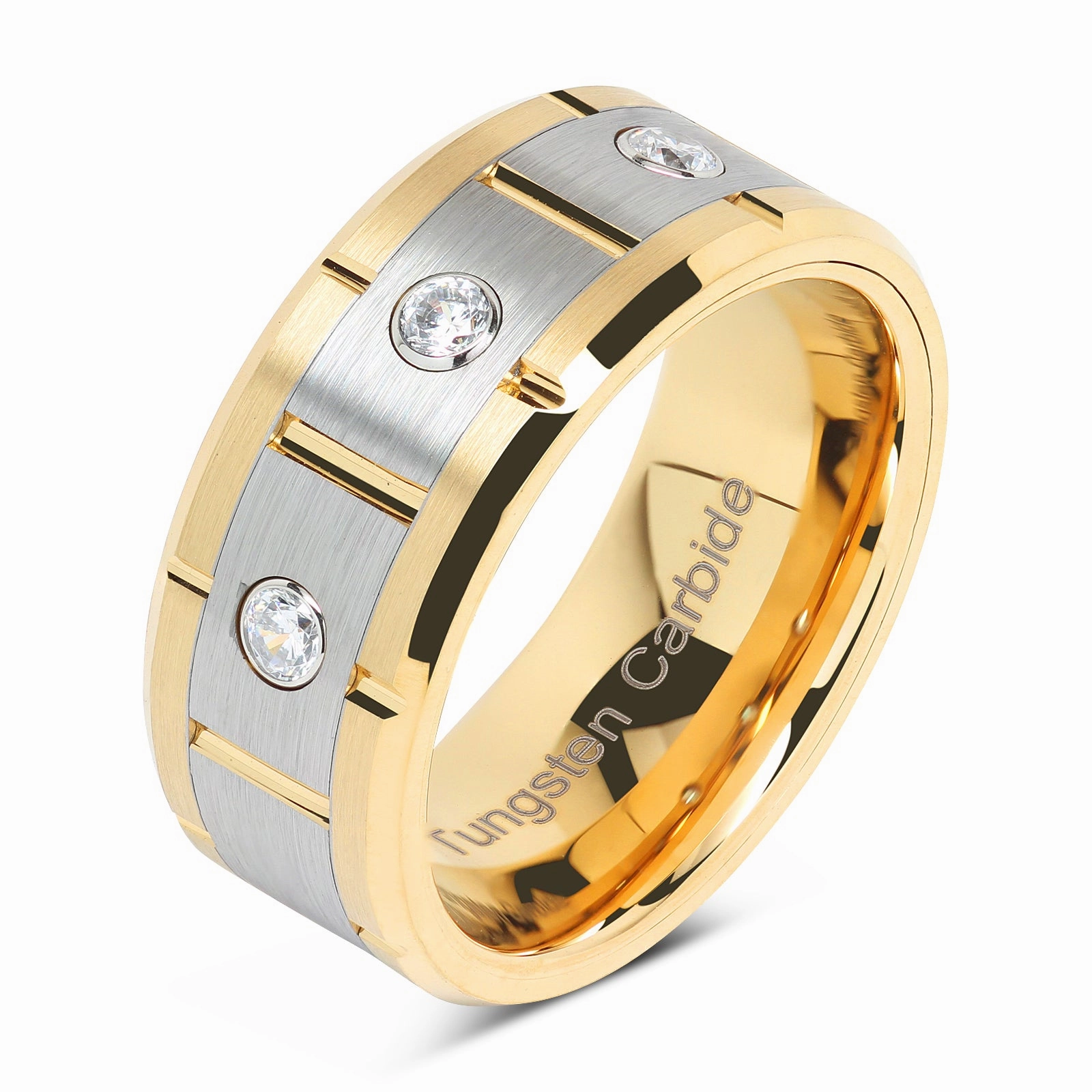 Tungsten Rings for Men Women 14k Gold & Silver Center Brushed CZ Inlaid Grooved Size 8-16 Simple Detail Corrosion resistant