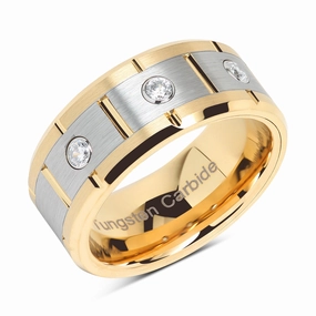 Limited Edition Tungsten Rings for Men Women 14k Gold & Silver Center Brushed CZ Inlaid Grooved Size 8-16