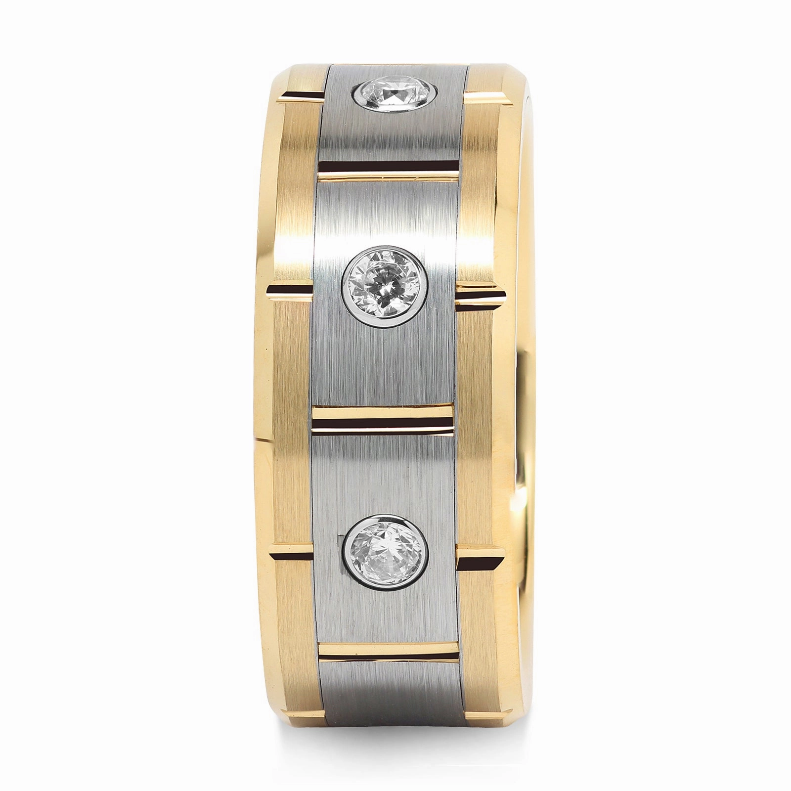 Daily Contour Strong Expression Tungsten Rings for Men Women 14k Gold & Silver Center Brushed CZ Inlaid Grooved Size 8-16