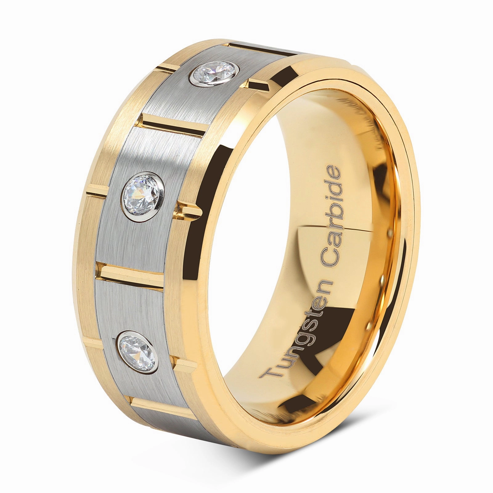 Tungsten Rings for Men Women 14k Gold & Silver Center Brushed CZ Inlaid Grooved Size 8-16 Heirloom Quality Everyday Design