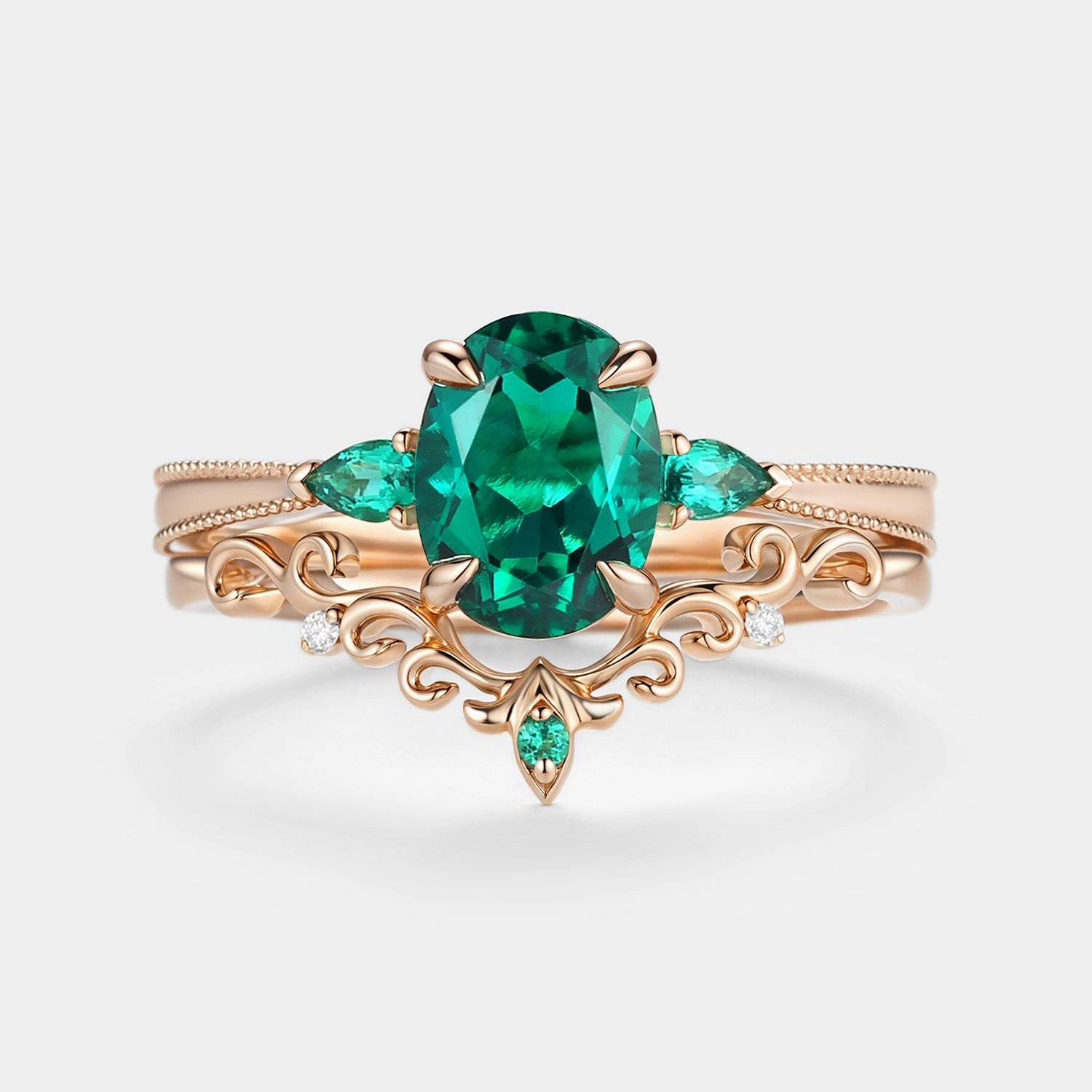 Vintage Oval Cut Lab Emerald Engagement Ring Sets 2pcs - Foliate Custom Finish Date Look
