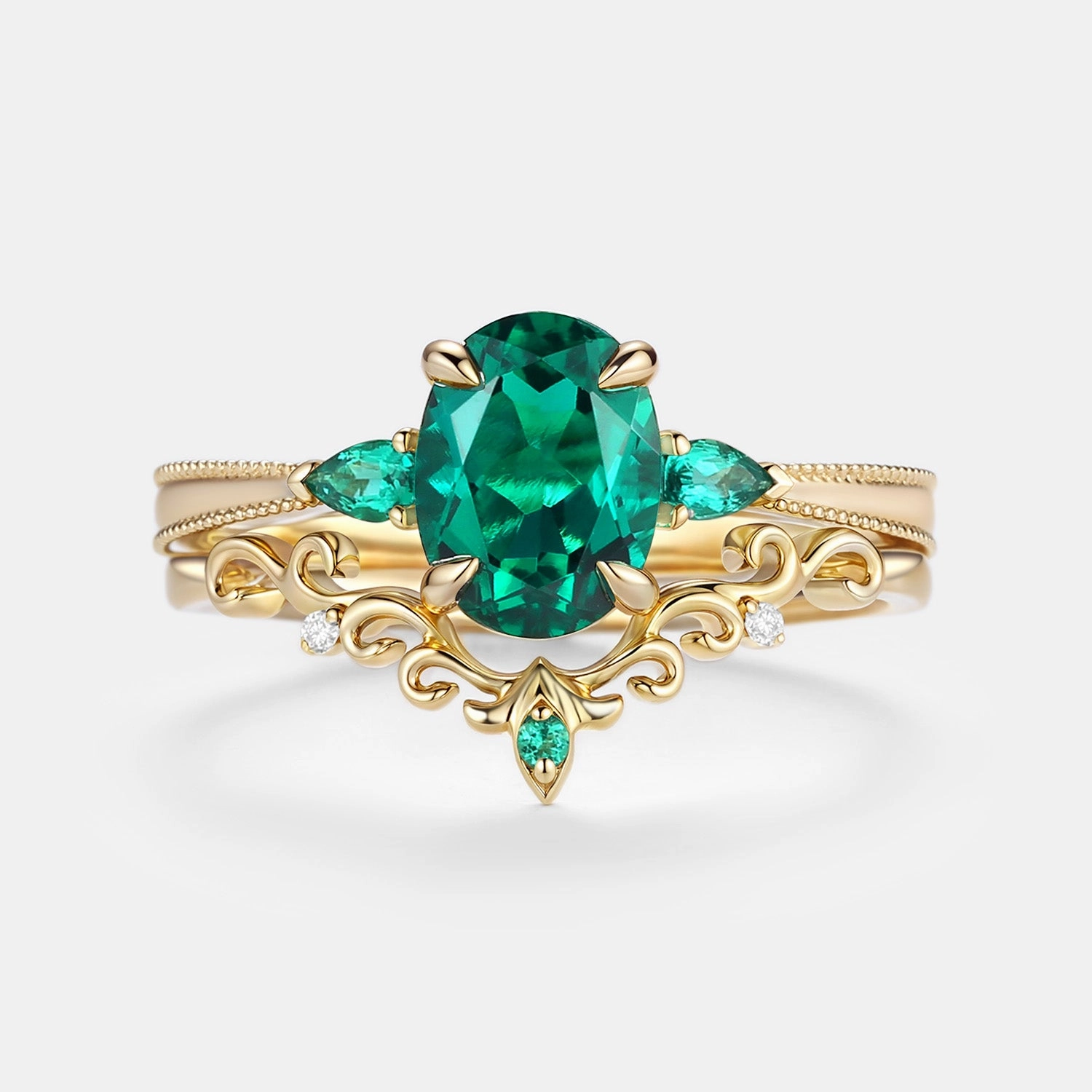 Vintage Oval Cut Lab Emerald Engagement Ring Sets 2pcs - Foliate Modern Edge Sharp Silhouette