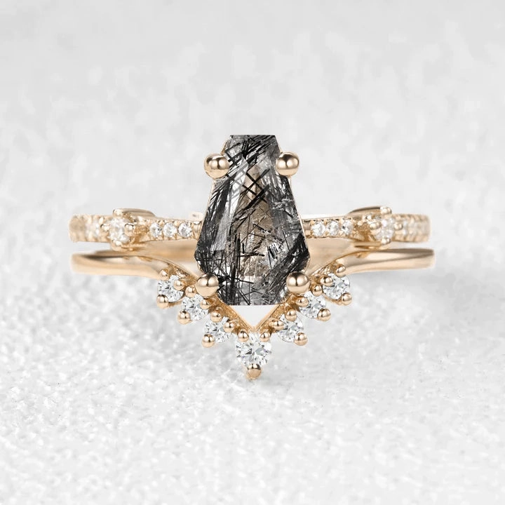 Seasonal Favorite 1.5ct Coffin Cut Black Rutilated Quartz Vintage Ring Set 2pcs
