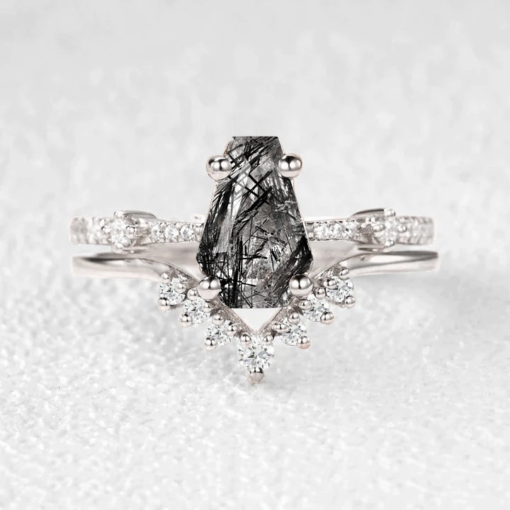 Everyday Edge Fashion Finish 1.5ct Coffin Cut Black Rutilated Quartz Vintage Ring Set 2pcs
