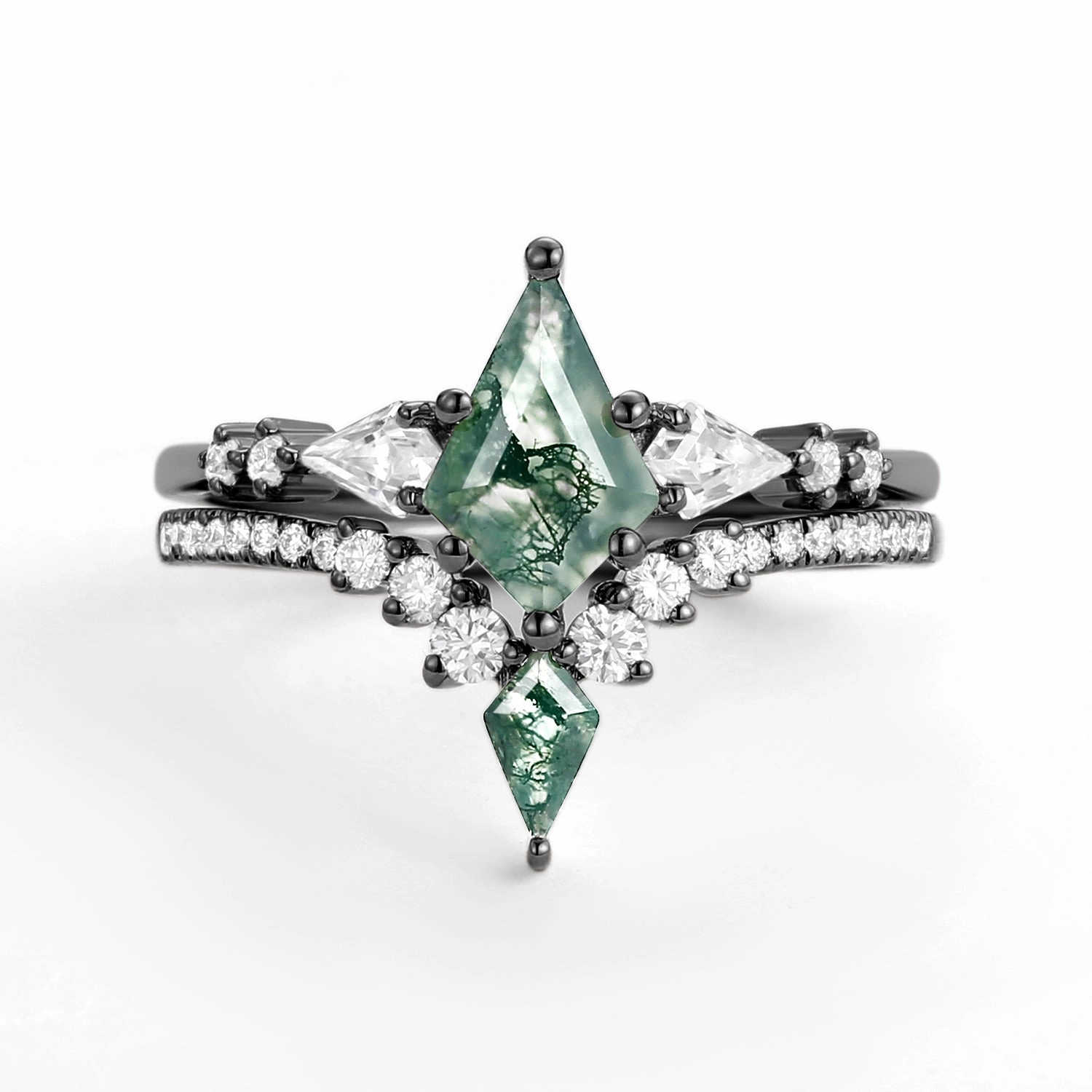 Shine Appeal Twin Flames - Black Gold Women Kite Moss Agate Wedding Ring Sets 2pcs - Zendaya