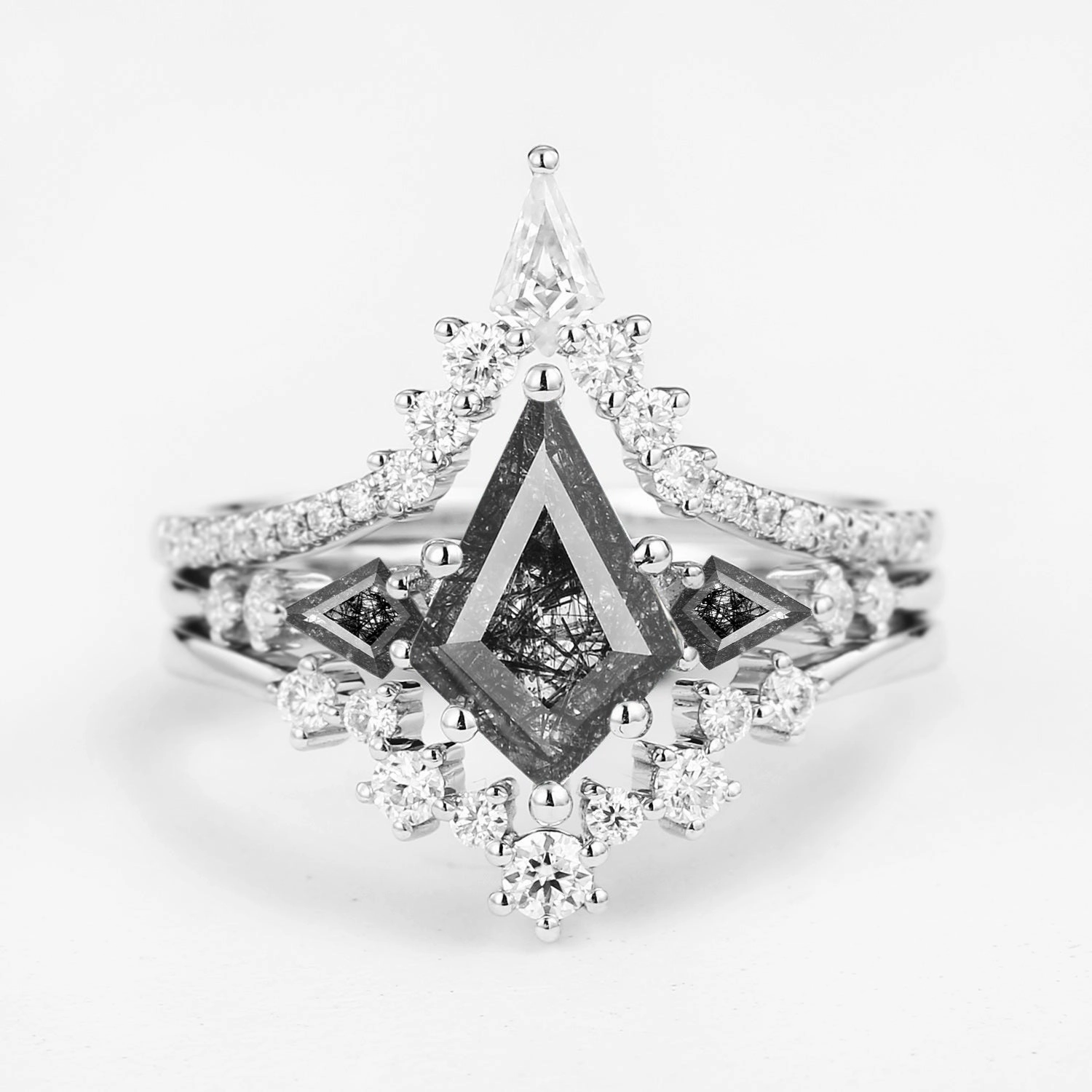 Bold Detailing Distinctive Piece Twin Flames - Kite Cut Black Rutilated Quartz Engagement Ring Set 3pcs - Tyler