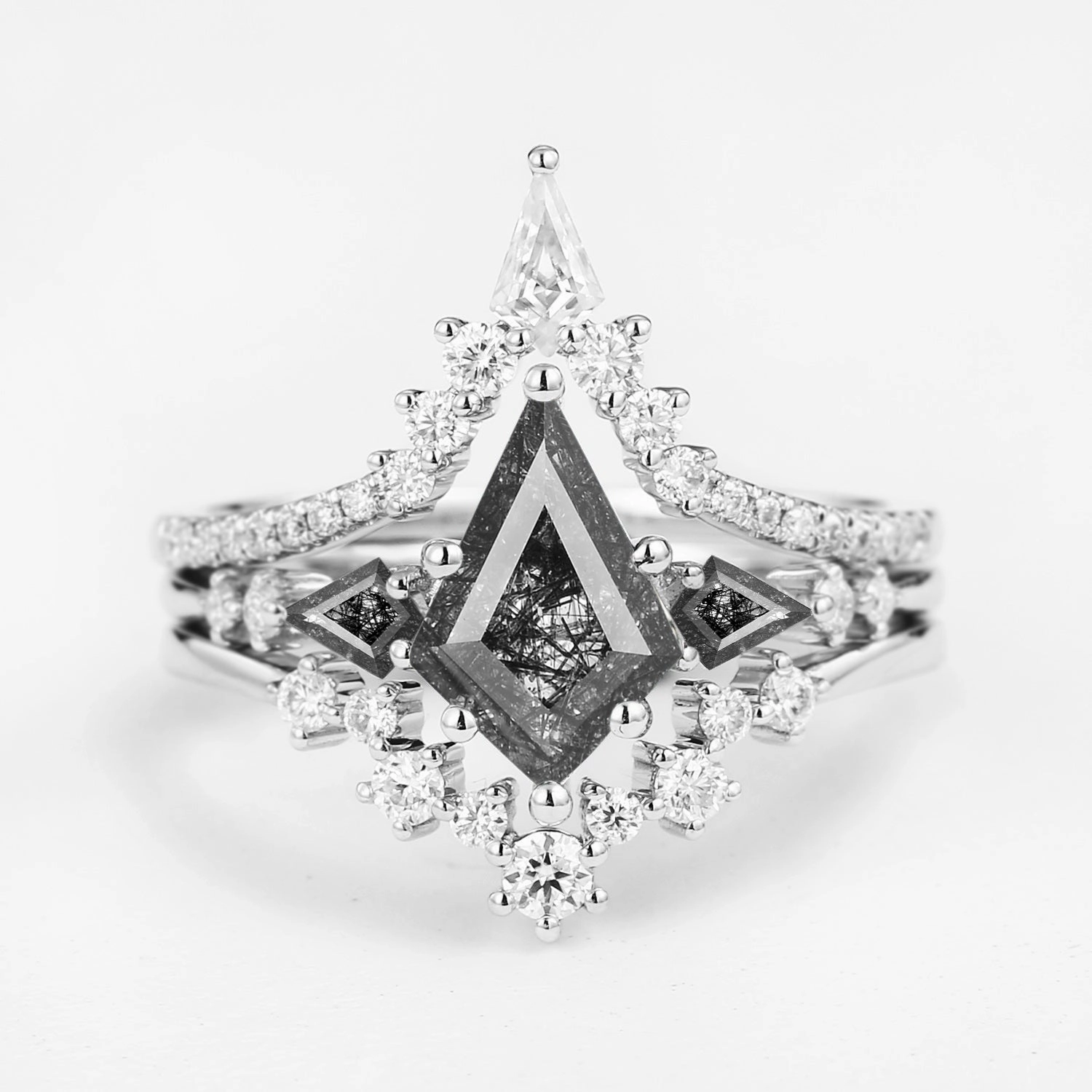 Twin Flames - Kite Cut Black Rutilated Quartz Engagement Ring Set 3pcs - Tyler Delicate Form