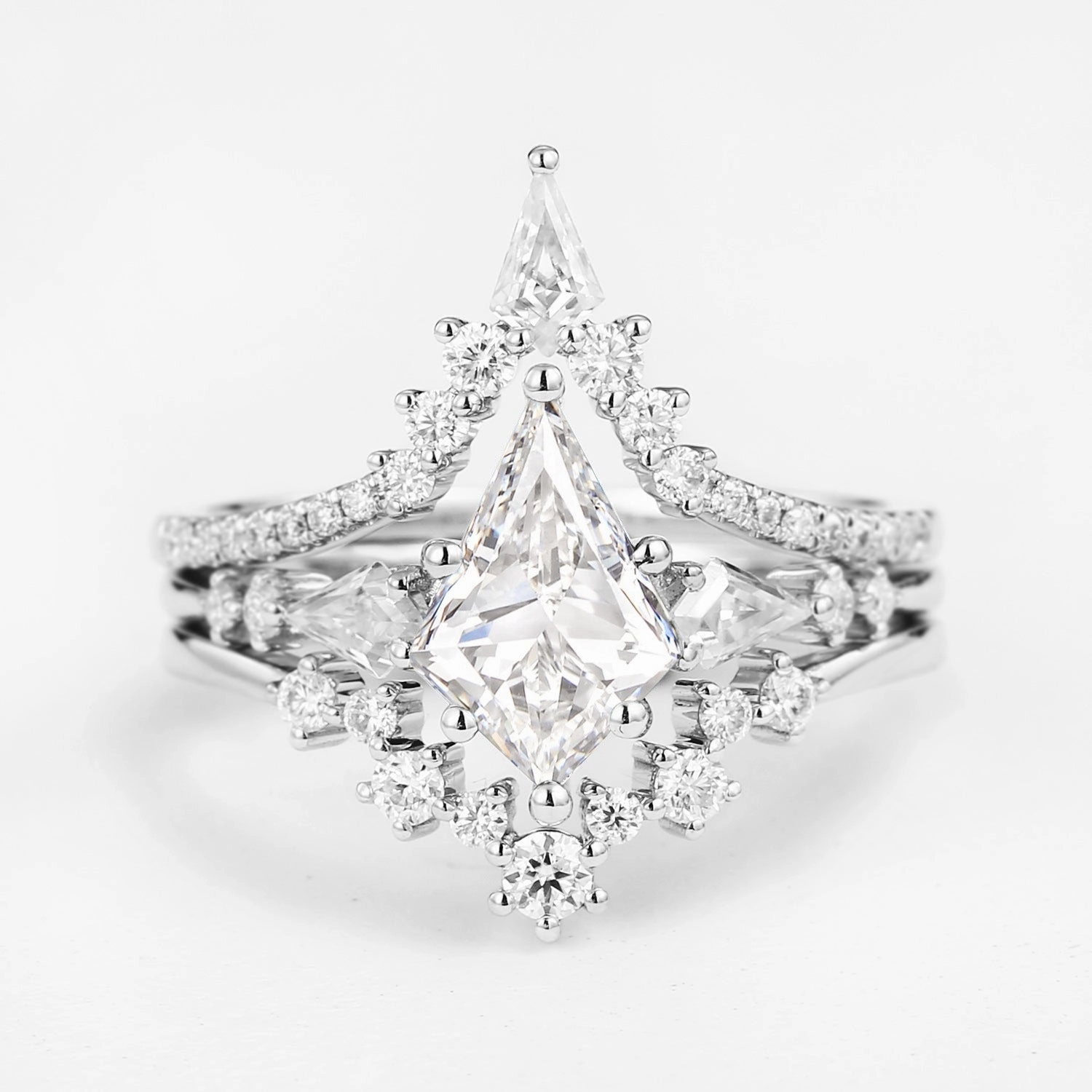 Twin Flames - Kite Cut Lab Grown Diamond Engagement Ring Set 3pcs - Tyler Trendy Pieces Handcrafted Accent