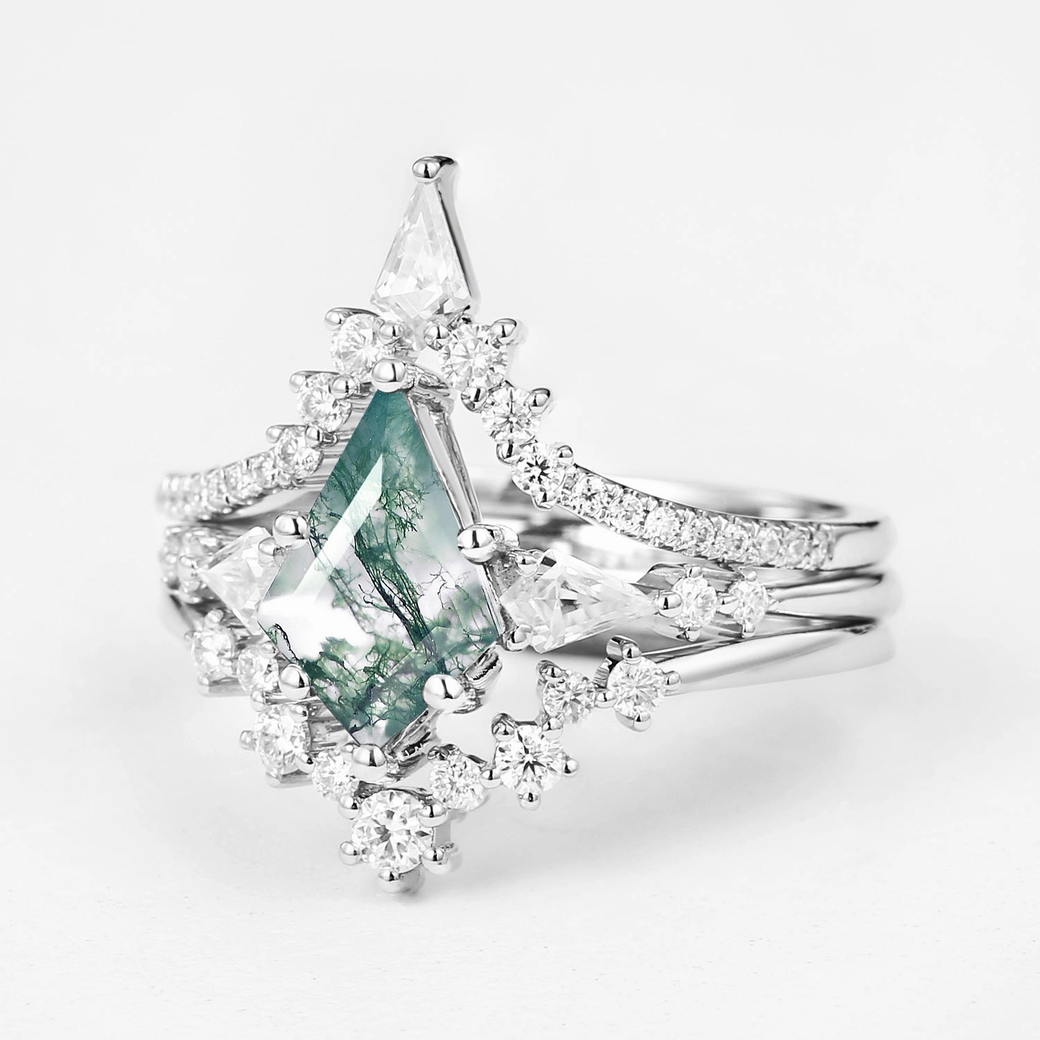 Twin Flames - Kite Cut Moss Agate Engagement Ring Set 3pcs - Tyler Shiny Embellishments Chic Highlight