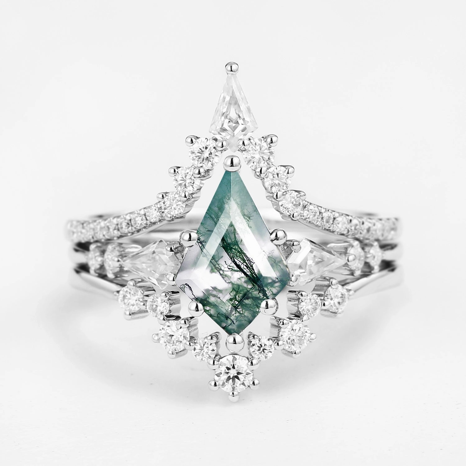 Twin Flames - Kite Cut Moss Agate Engagement Ring Set 3pcs - Tyler Valentine Token Luminous Highlight