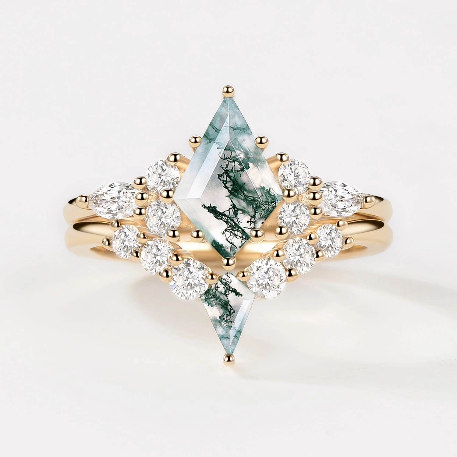 Modern Pair Enduring Shine Twin Flames - Kite Cut Unique Moss Agate Engagement Ring Sets 2pcs - Zoey