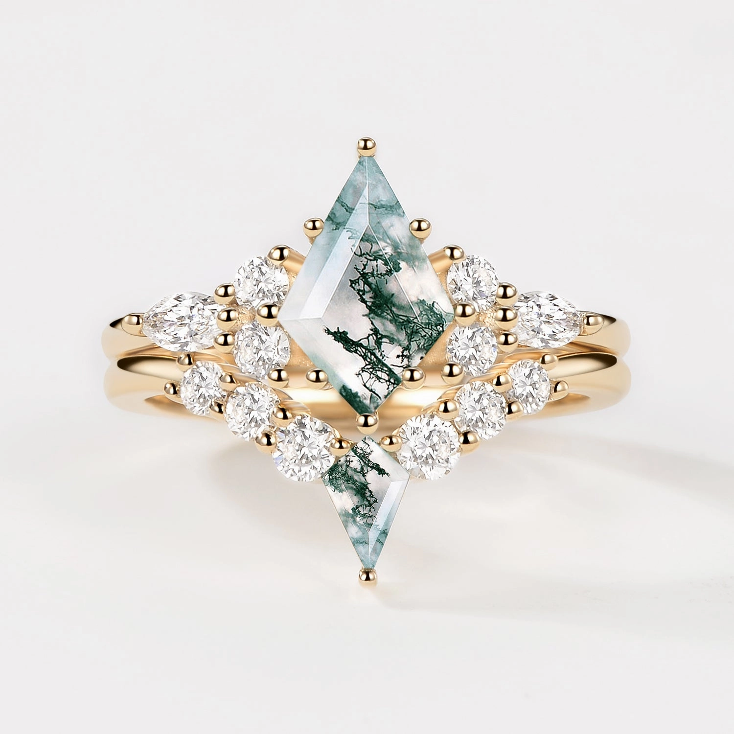 Signature Look Twin Flames - Kite Cut Unique Moss Agate Engagement Ring Sets 2pcs - Zoey