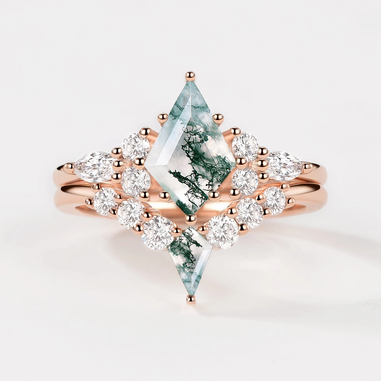 Shiny Stones Twin Flames - Kite Cut Unique Moss Agate Engagement Ring Sets 2pcs - Zoey